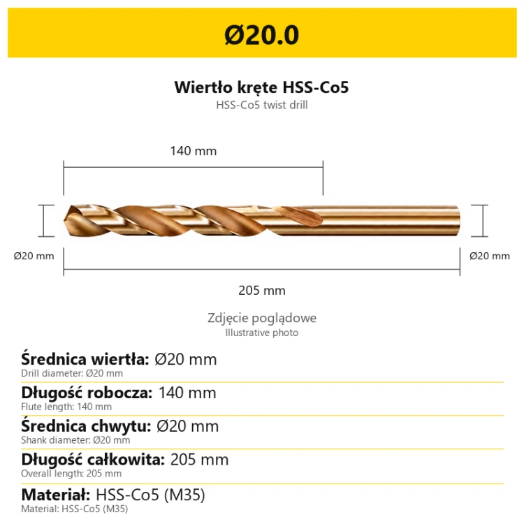 Wiertło HSS-Co5 57 — Ø20.0 — PL/EN