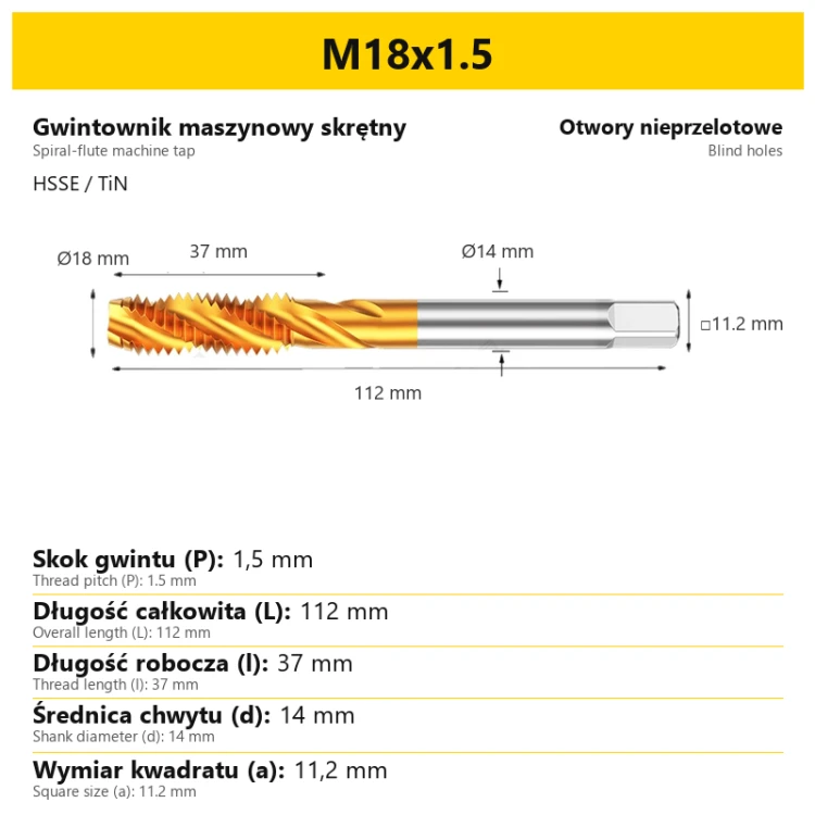 Gwintownik maszynowy skrętny HSSE TiN · M18x1.5