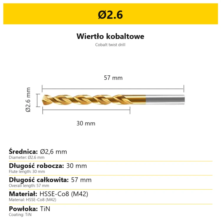 Wiertło kobaltowe HSSE-Co8 M42 TiN Ø2.6