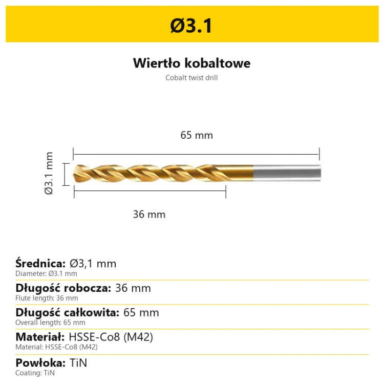 Wiertło kobaltowe HSSE-Co8 M42 TiN Ø3.1
