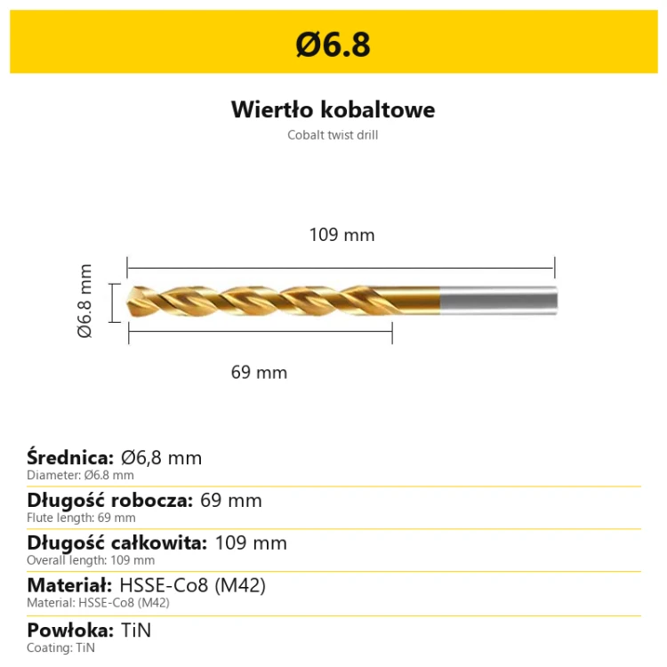 Wiertło kobaltowe HSSE-Co8 M42 TiN Ø6.8