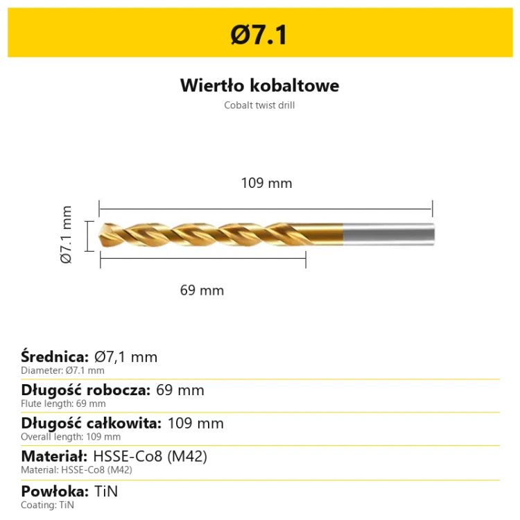 Wiertło kobaltowe HSSE-Co8 M42 TiN Ø7.1