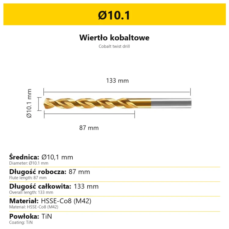 Wiertło kobaltowe HSSE-Co8 M42 TiN Ø10.1