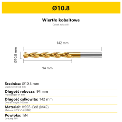 Wiertło kobaltowe HSSE-Co8 M42 TiN Ø10.8