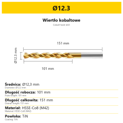 Wiertło kobaltowe HSSE-Co8 M42 TiN Ø12.3