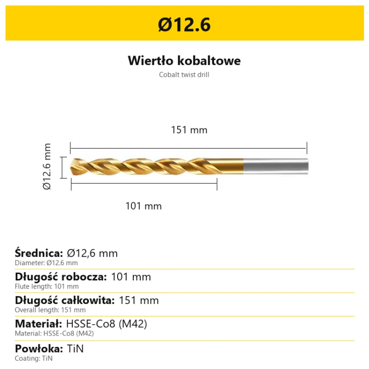 Wiertło kobaltowe HSSE-Co8 M42 TiN Ø12.6