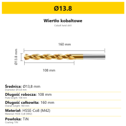 Wiertło kobaltowe HSSE-Co8 M42 TiN Ø13.8