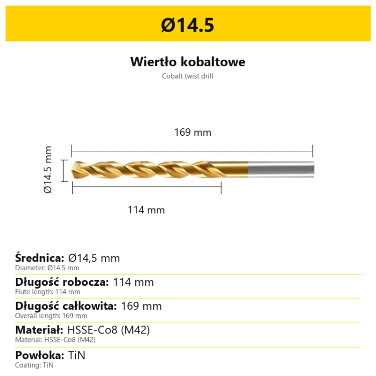 Wiertło kobaltowe HSSE-Co8 M42 TiN Ø14.5