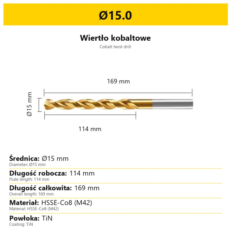 Wiertło kobaltowe HSSE-Co8 M42 TiN Ø15.0