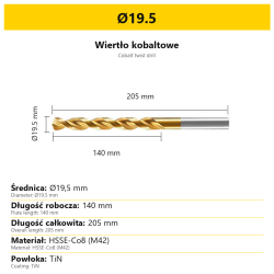 Wiertło kobaltowe HSSE-Co8 M42 TiN Ø19.5