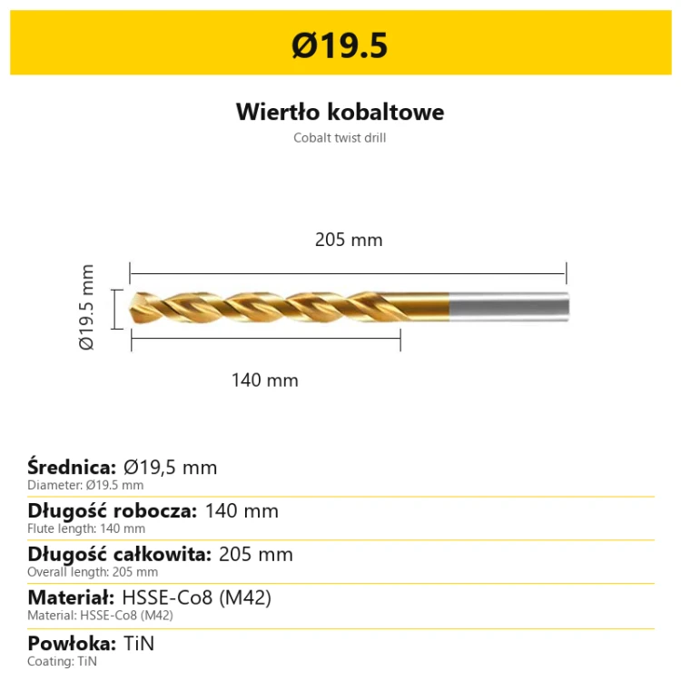 Wiertło kobaltowe HSSE-Co8 M42 TiN Ø19.5