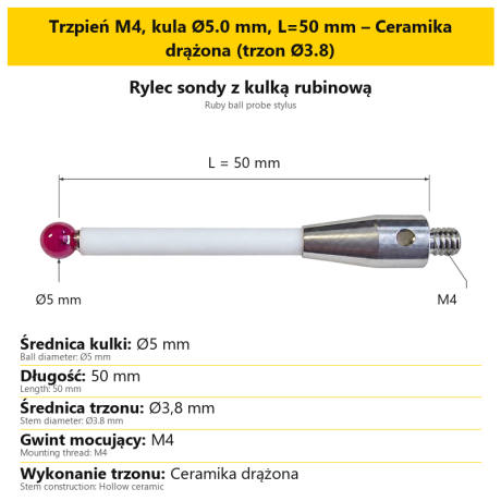 Przejdź do produktu Rylec (patyk) stylus zamienny Haas WIPS, RENISHAW, BLUM sonda, końcówka ruby, z gwintem M4