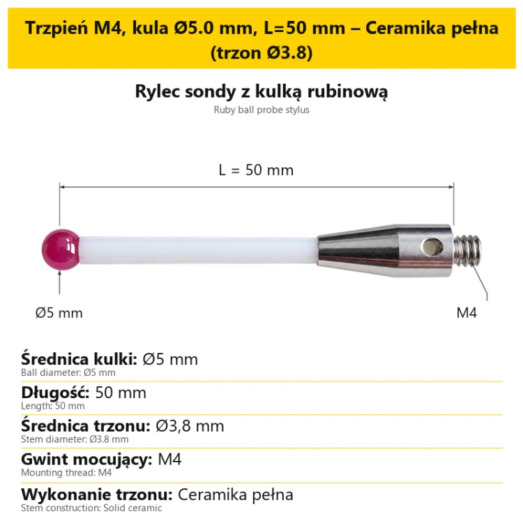 Trzpień M4, kula Ø5.0 mm, L=50 mm – Ceramika pełna (trzon Ø3.8)
