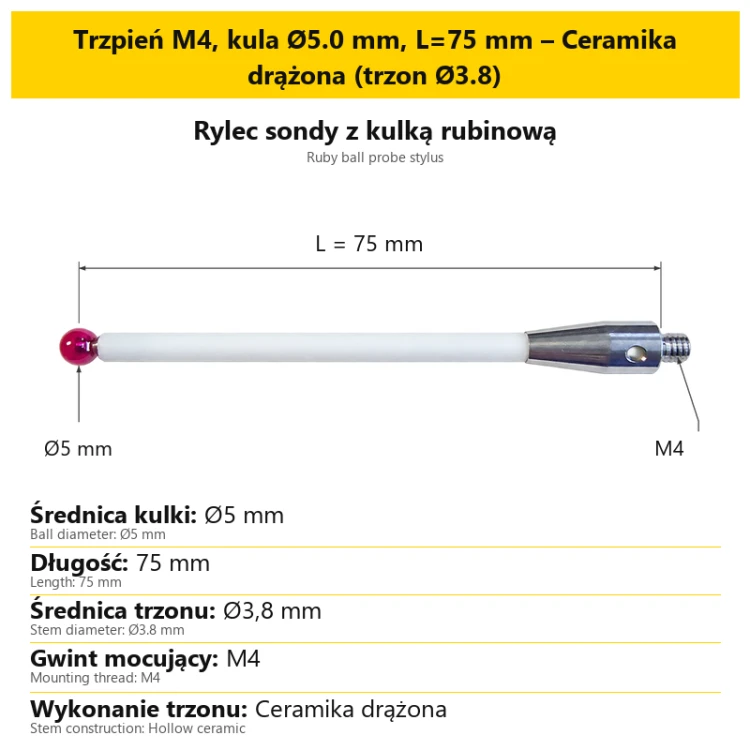 Trzpień M4, kula Ø5.0 mm, L=75 mm – Ceramika drążona (trzon Ø3.8)