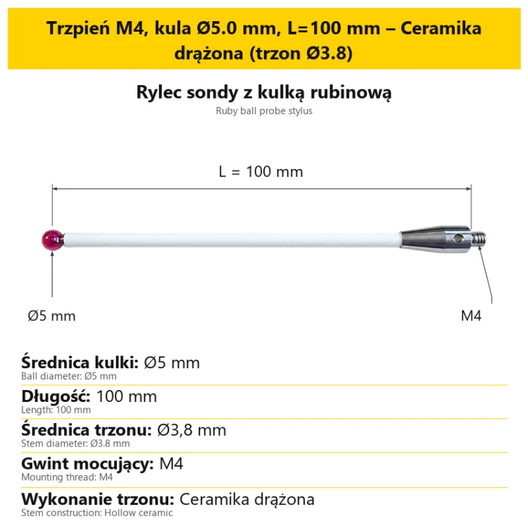 Trzpień M4, kula Ø5.0 mm, L=100 mm – Ceramika drążona (trzon Ø3.8)