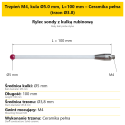 Trzpień M4, kula Ø5.0 mm, L=100 mm – Ceramika pełna (trzon Ø3.8)
