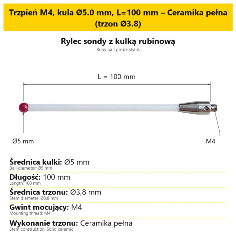 Trzpień M4, kula Ø5.0 mm, L=100 mm – Ceramika pełna (trzon Ø3.8)