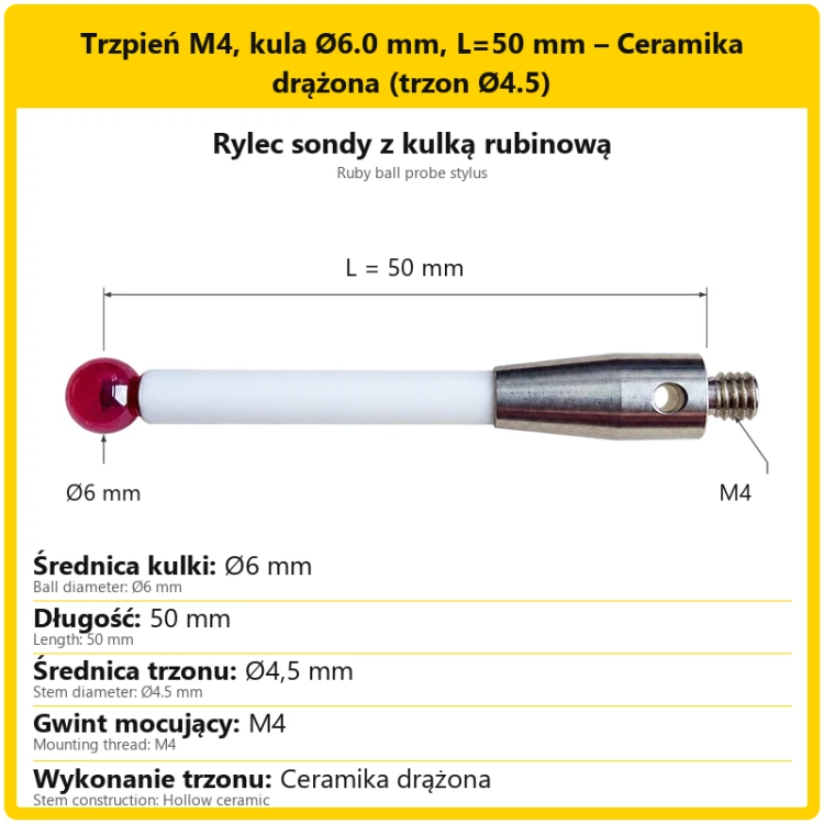 Trzpień M4, kula Ø6.0 mm, L=50 mm – Ceramika drążona (trzon Ø4.5)