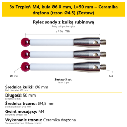 3x Trzpień M4, kula Ø6.0 mm, L=50 mm – Ceramika drążona (trzon Ø4.5) (Zestaw)