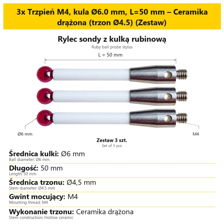 3x Trzpień M4, kula Ø6.0 mm, L=50 mm – Ceramika drążona (trzon Ø4.5) (Zestaw)