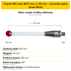 Trzpień M4, kula Ø6.0 mm, L=50 mm – Ceramika pełna (trzon Ø4.0)