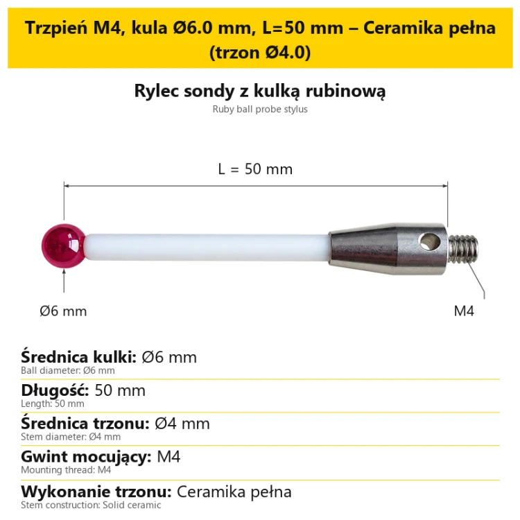 Trzpień M4, kula Ø6.0 mm, L=50 mm – Ceramika pełna (trzon Ø4.0)