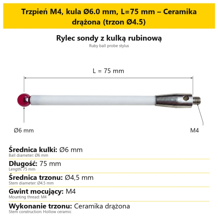 Trzpień M4, kula Ø6.0 mm, L=75 mm – Ceramika drążona (trzon Ø4.5)