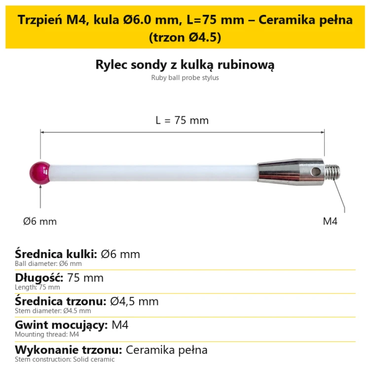 Trzpień M4, kula Ø6.0 mm, L=75 mm – Ceramika pełna (trzon Ø4.5)