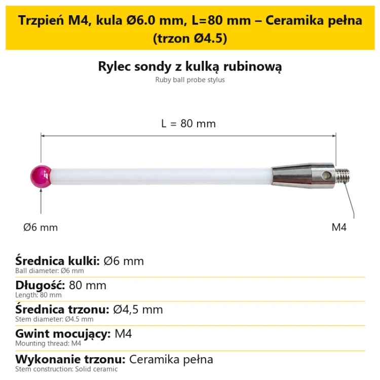 Trzpień M4, kula Ø6.0 mm, L=80 mm – Ceramika pełna (trzon Ø4.5)