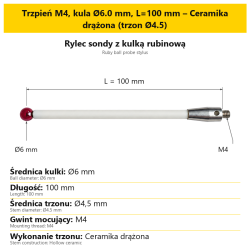 Trzpień M4, kula Ø6.0 mm, L=100 mm – Ceramika drążona (trzon Ø4.5)
