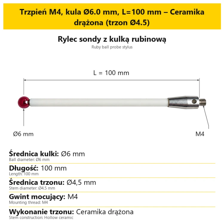 Trzpień M4, kula Ø6.0 mm, L=100 mm – Ceramika drążona (trzon Ø4.5)