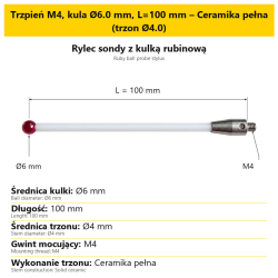 Trzpień M4, kula Ø6.0 mm, L=100 mm – Ceramika pełna (trzon Ø4.0)