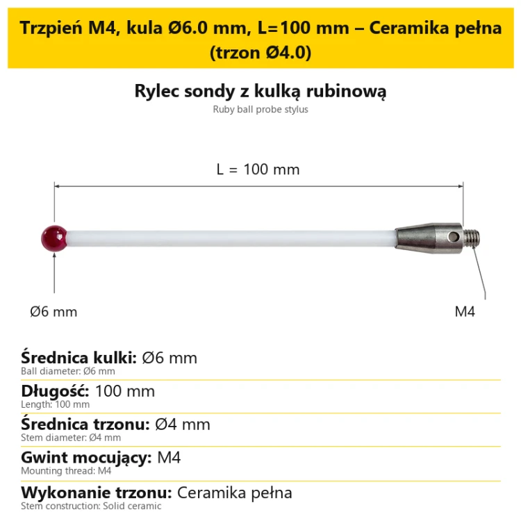 Trzpień M4, kula Ø6.0 mm, L=100 mm – Ceramika pełna (trzon Ø4.0)