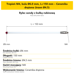 Trzpień M4, kula Ø6.0 mm, L=150 mm – Ceramika drążona (trzon Ø4.5)