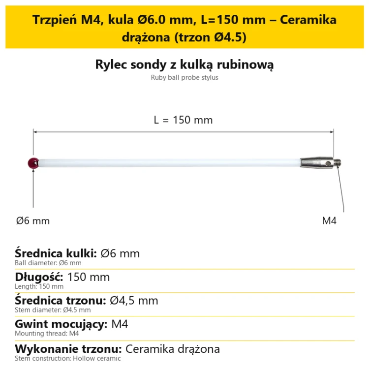 Trzpień M4, kula Ø6.0 mm, L=150 mm – Ceramika drążona (trzon Ø4.5)