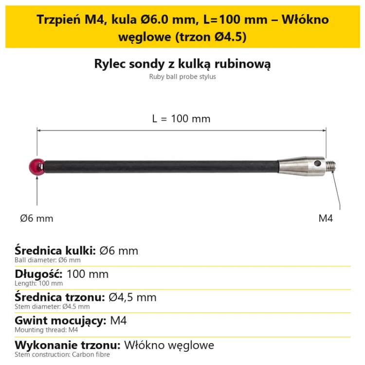 Trzpień M4, kula Ø6.0 mm, L=100 mm – Włókno węglowe (trzon Ø4.5)