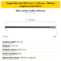Trzpień M4, kula Ø6.0 mm, L=150 mm – Włókno węglowe (trzon Ø4.5)