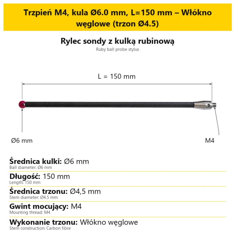 Trzpień M4, kula Ø6.0 mm, L=150 mm – Włókno węglowe (trzon Ø4.5)