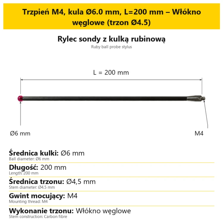 Trzpień M4, kula Ø6.0 mm, L=200 mm – Włókno węglowe (trzon Ø4.5)