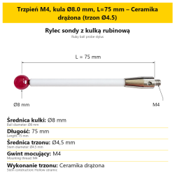 Trzpień M4, kula Ø8.0 mm, L=75 mm – Ceramika drążona (trzon Ø4.5)