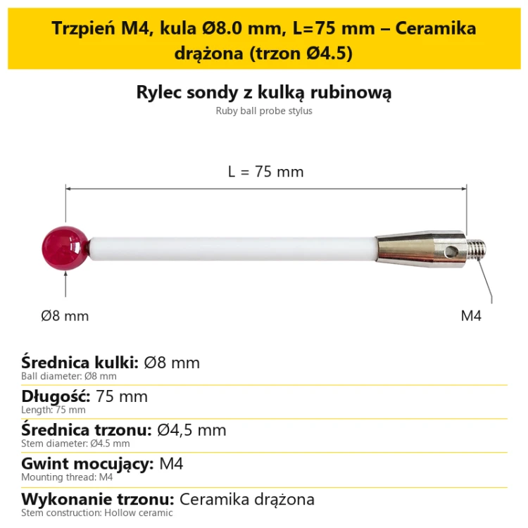 Trzpień M4, kula Ø8.0 mm, L=75 mm – Ceramika drążona (trzon Ø4.5)