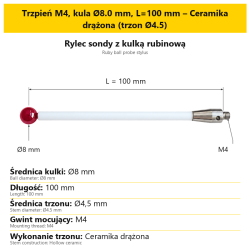 Trzpień M4, kula Ø8.0 mm, L=100 mm – Ceramika drążona (trzon Ø4.5)