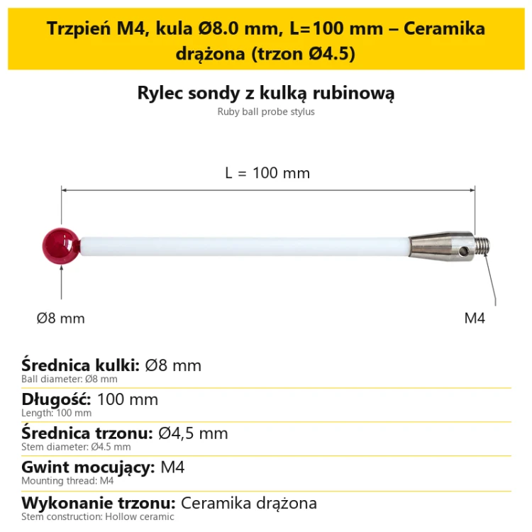Trzpień M4, kula Ø8.0 mm, L=100 mm – Ceramika drążona (trzon Ø4.5)