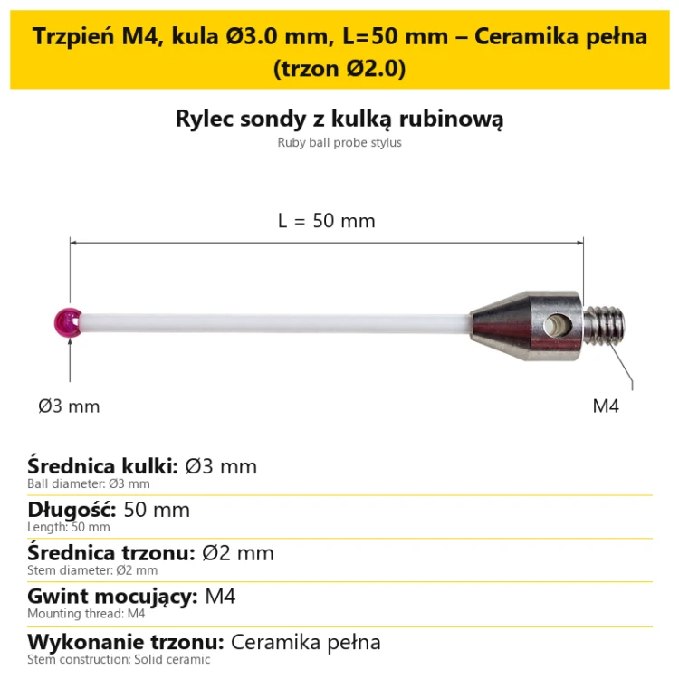 Trzpień M4, kula Ø3.0 mm, L=50 mm – Ceramika pełna (trzon Ø2.0)