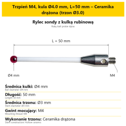 Trzpień M4, kula Ø4.0 mm, L=50 mm – Ceramika drążona (trzon Ø3.0)