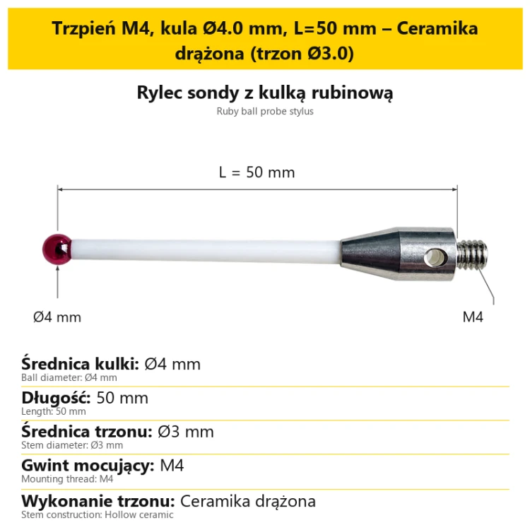 Trzpień M4, kula Ø4.0 mm, L=50 mm – Ceramika drążona (trzon Ø3.0)