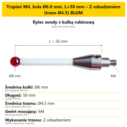 Trzpień M4, kula Ø6.0 mm, L=50 mm – Z odsadzeniem (trzon Ø4.5) BLUM