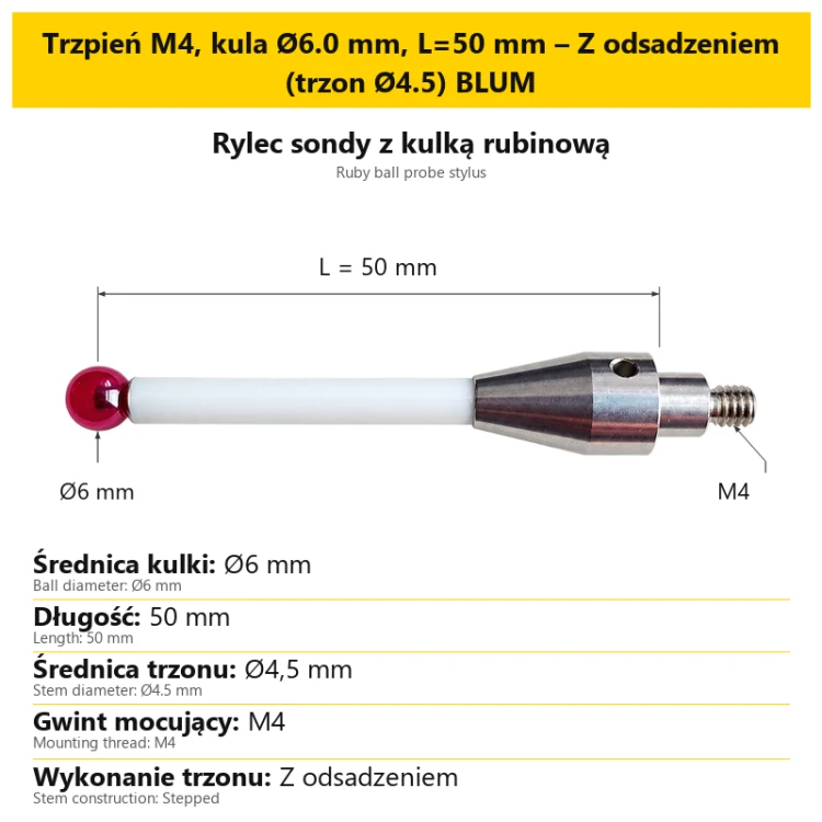 Trzpień M4, kula Ø6.0 mm, L=50 mm – Z odsadzeniem (trzon Ø4.5) BLUM
