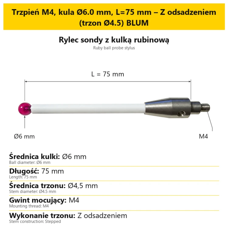 Trzpień M4, kula Ø6.0 mm, L=75 mm – Z odsadzeniem (trzon Ø4.5) BLUM