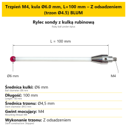 Trzpień M4, kula Ø6.0 mm, L=100 mm – Z odsadzeniem (trzon Ø4.5) BLUM